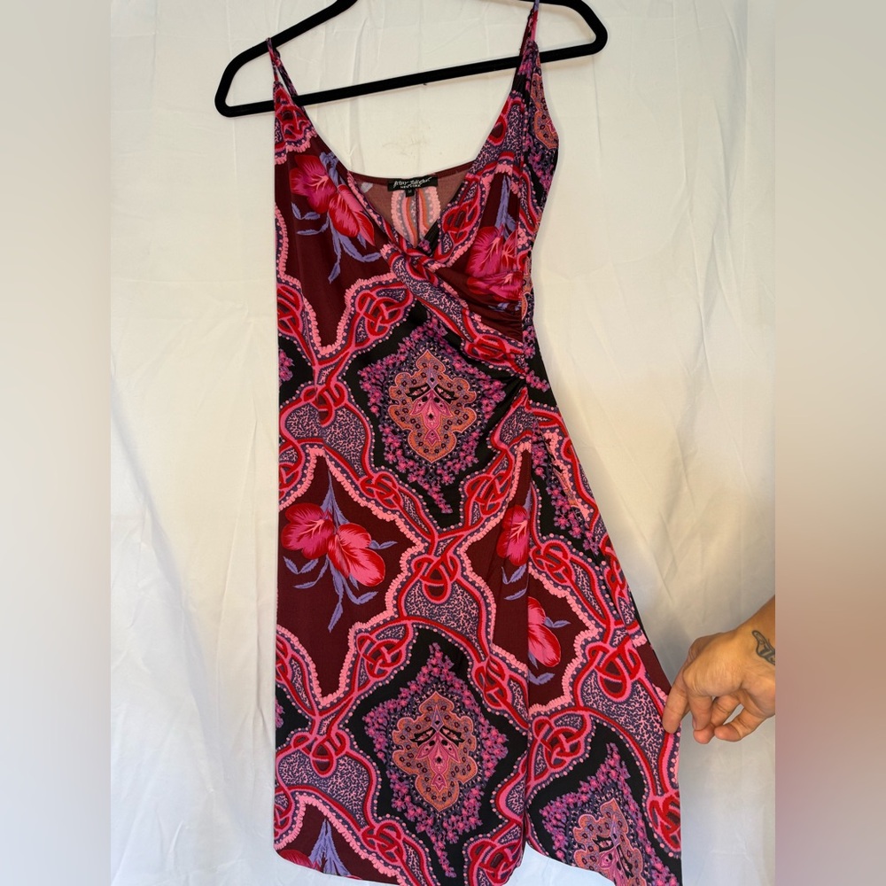 Betsey Johnson Burgundy & Pink Paisley Floral Asymmetrical Slip Dress